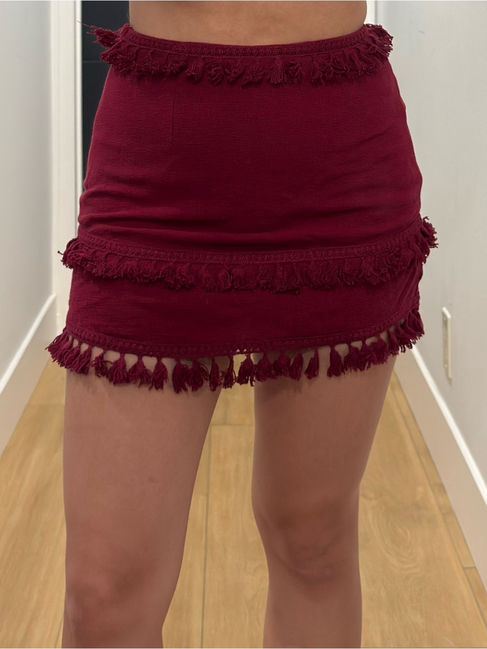 Skylar + Madison Burgundy Tassel-Trim Mini Skirt